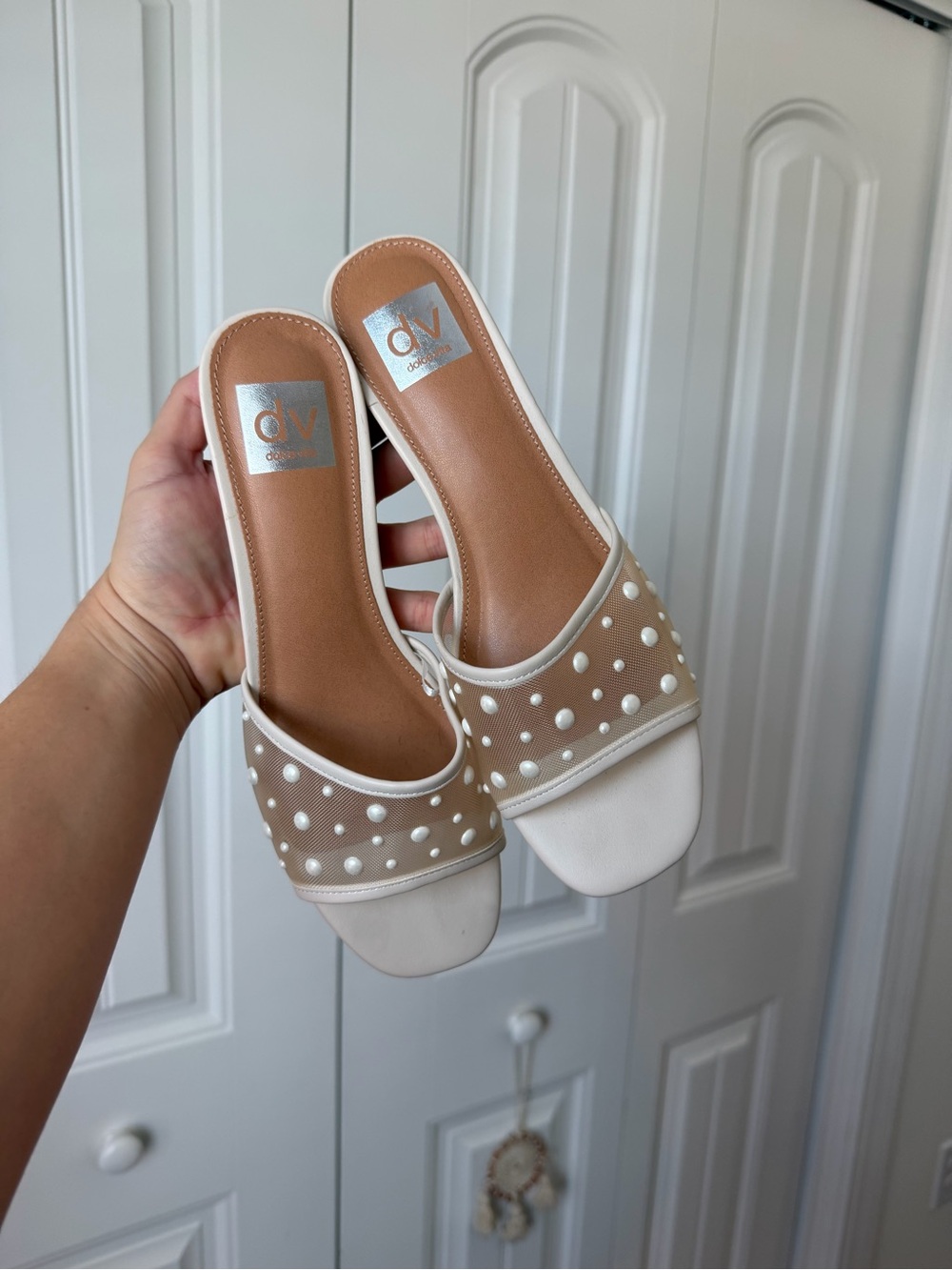 DV by Dolce Vita Cream Pearl-Embellished Slide Mules